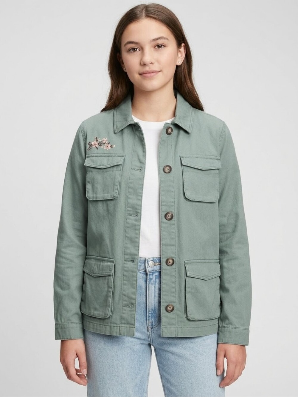 NWT OshKosh Girls 14 Sage Green Floral Embroidered Utility Jacket Shacket
